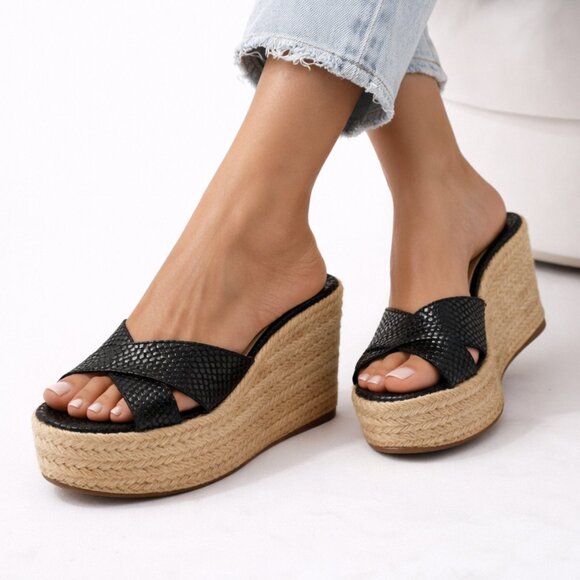 Jimmy Choo Black Snakeskin Espadrille Wedge Sandals 6